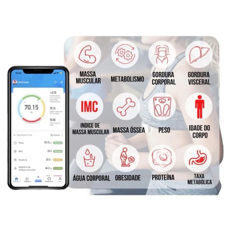 Balança Corporal, Digital, Bioimpedância, Com Bluetooth,  Com Capacidade Até 150 Kg